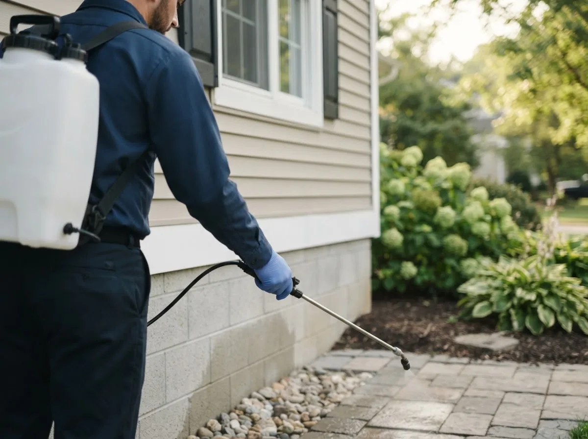 Pest control technician inspecting a home in Wallis, TX